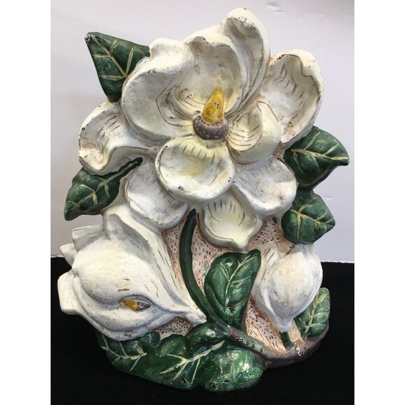 Vintage Painted Cast Iron Door Stop Magnolia Flower Home Decorative 7'' Tall